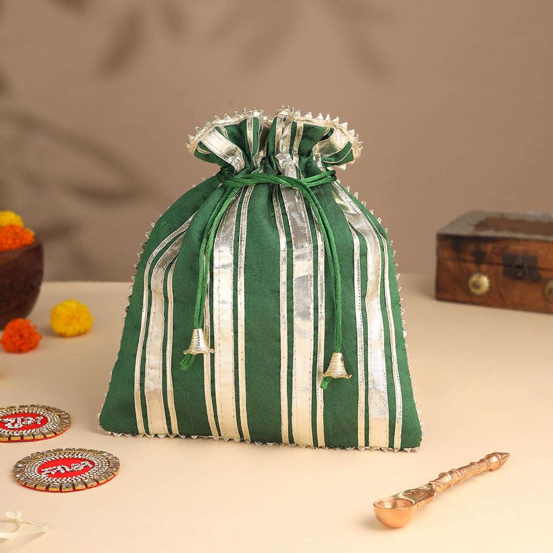 Brass Charan Paduka, Diya & Chowki Gift Festive Potli/Hamper Vedansh Craft