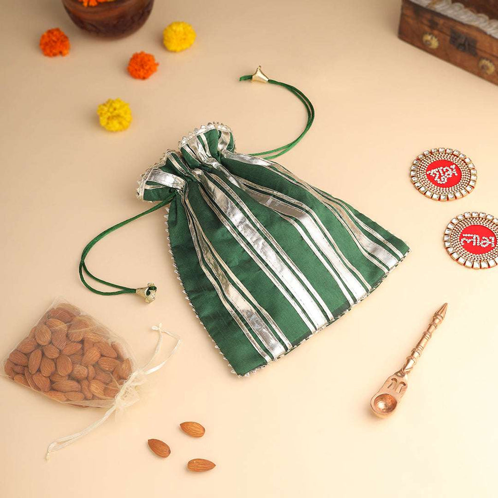 Brass Charan Paduka, Diya & Chowki Gift Festive Potli/Hamper Vedansh Craft