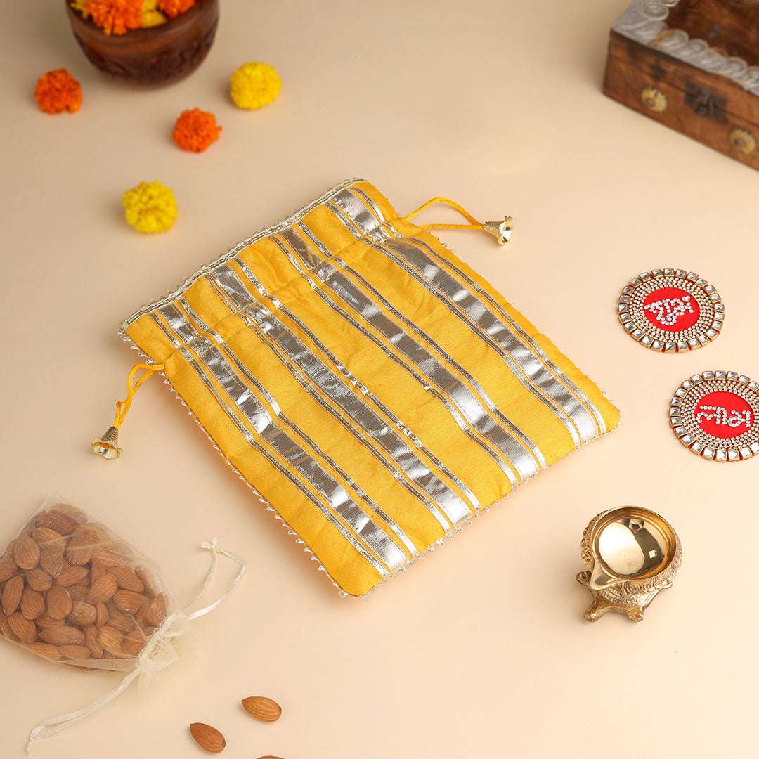 Brass Charan Paduka, Diya & Chowki Gift Festive Potli/Hamper Vedansh Craft