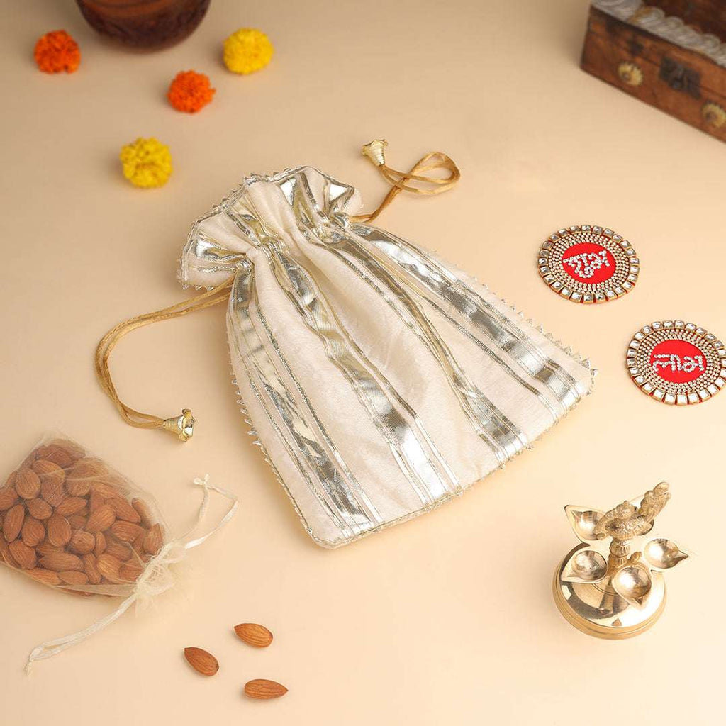 Brass Charan Paduka, Diya & Chowki Gift Festive Potli/Hamper Vedansh Craft