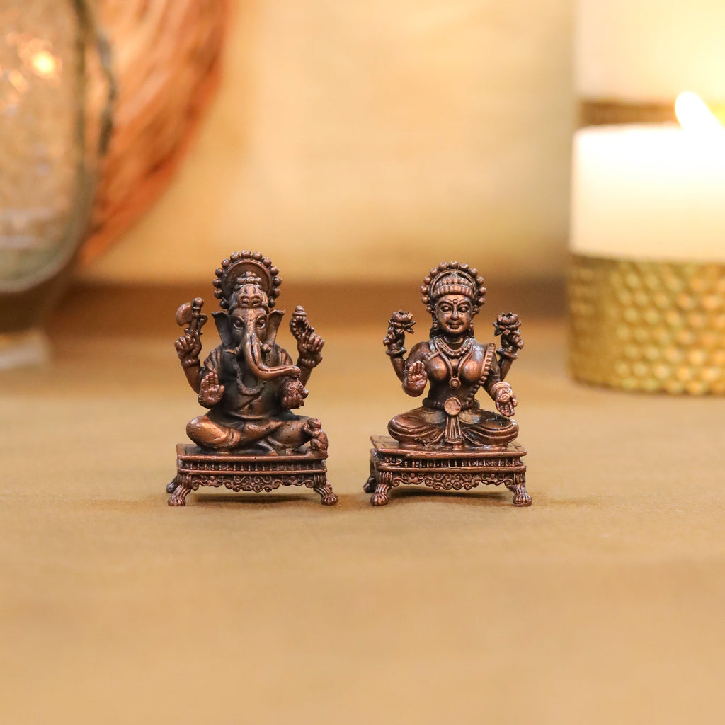 Copper Sitting Ganesha And Lakshmi Idols Set (2.5 Inch) Vedansh Craft