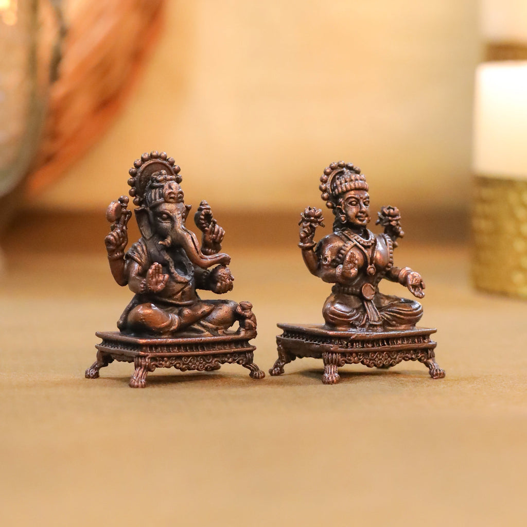 Copper Sitting Ganesha And Lakshmi Idols Set (2.5 Inch) Vedansh Craft