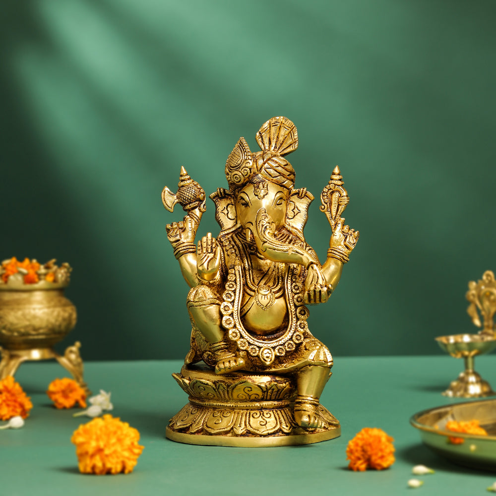 Brass Pagdi Sitting Ganesha On Chowki (10.5 Inch) Vedansh Craft