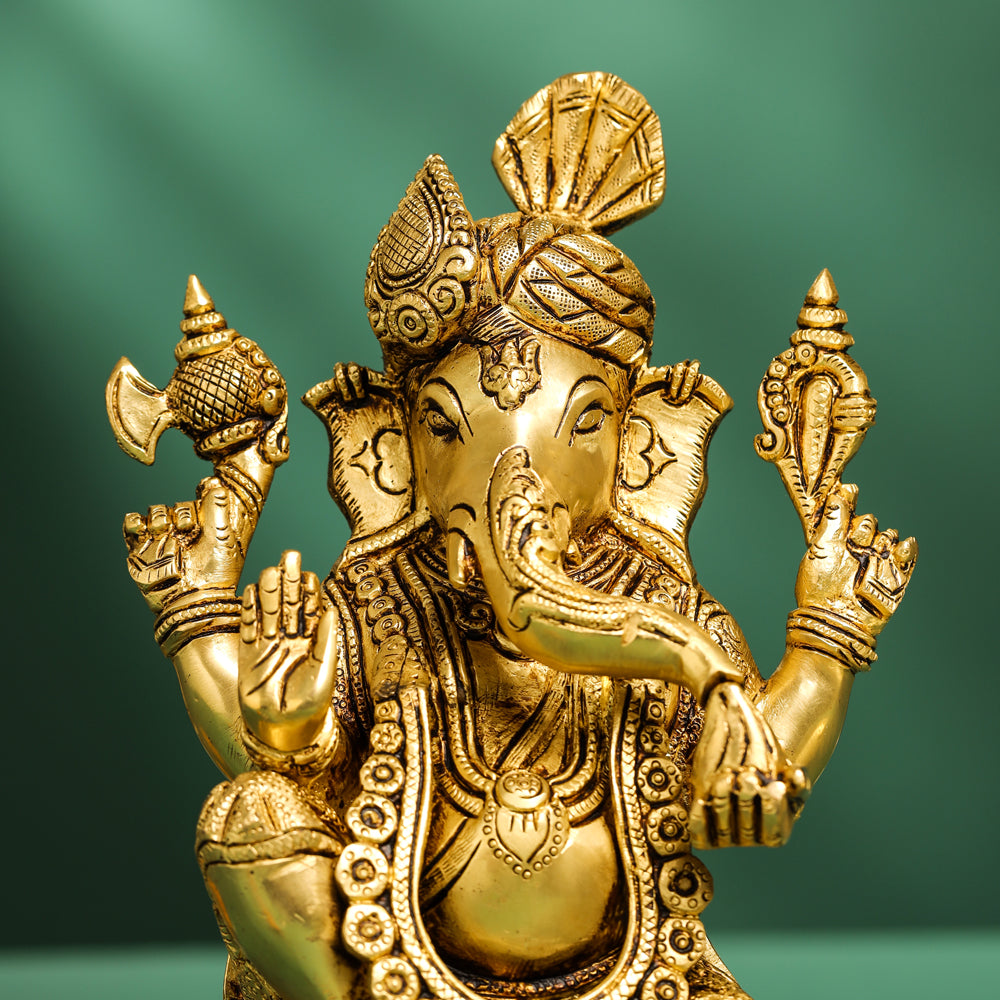 Brass Pagdi Sitting Ganesha On Chowki (10.5 Inch) Vedansh Craft