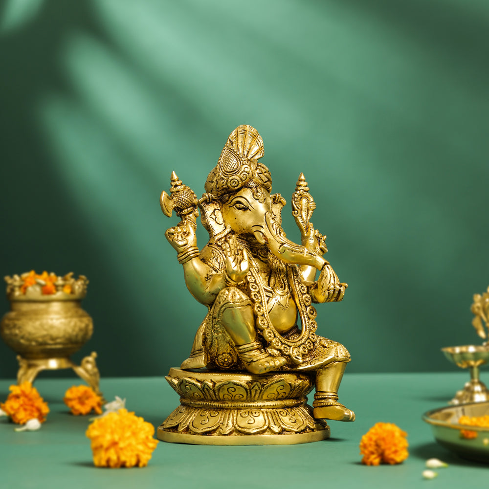 Brass Pagdi Sitting Ganesha On Chowki (10.5 Inch) Vedansh Craft