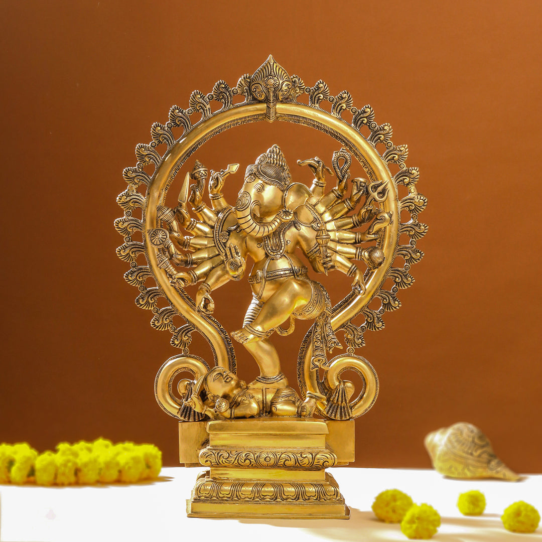 Brass Sixteen Armed Dancing Ganesha Idol (25.5 Inch) Vedansh Craft