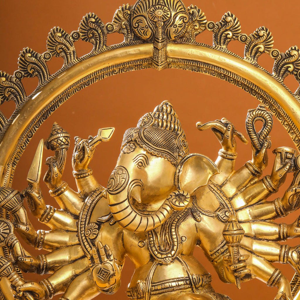 Brass Sixteen Armed Dancing Ganesha Idol (25.5 Inch) Vedansh Craft