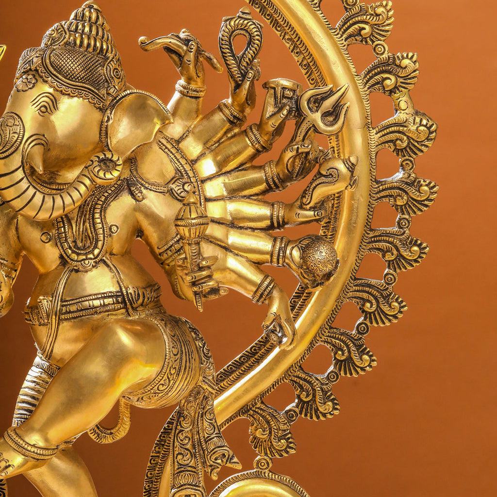 Brass Sixteen Armed Dancing Ganesha Idol (25.5 Inch) Vedansh Craft