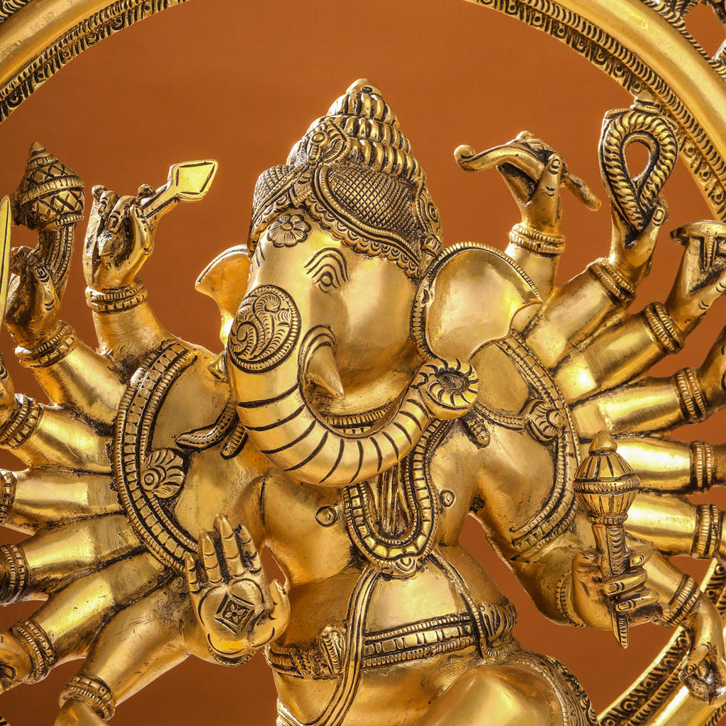 Brass Sixteen Armed Dancing Ganesha Idol (25.5 Inch) Vedansh Craft