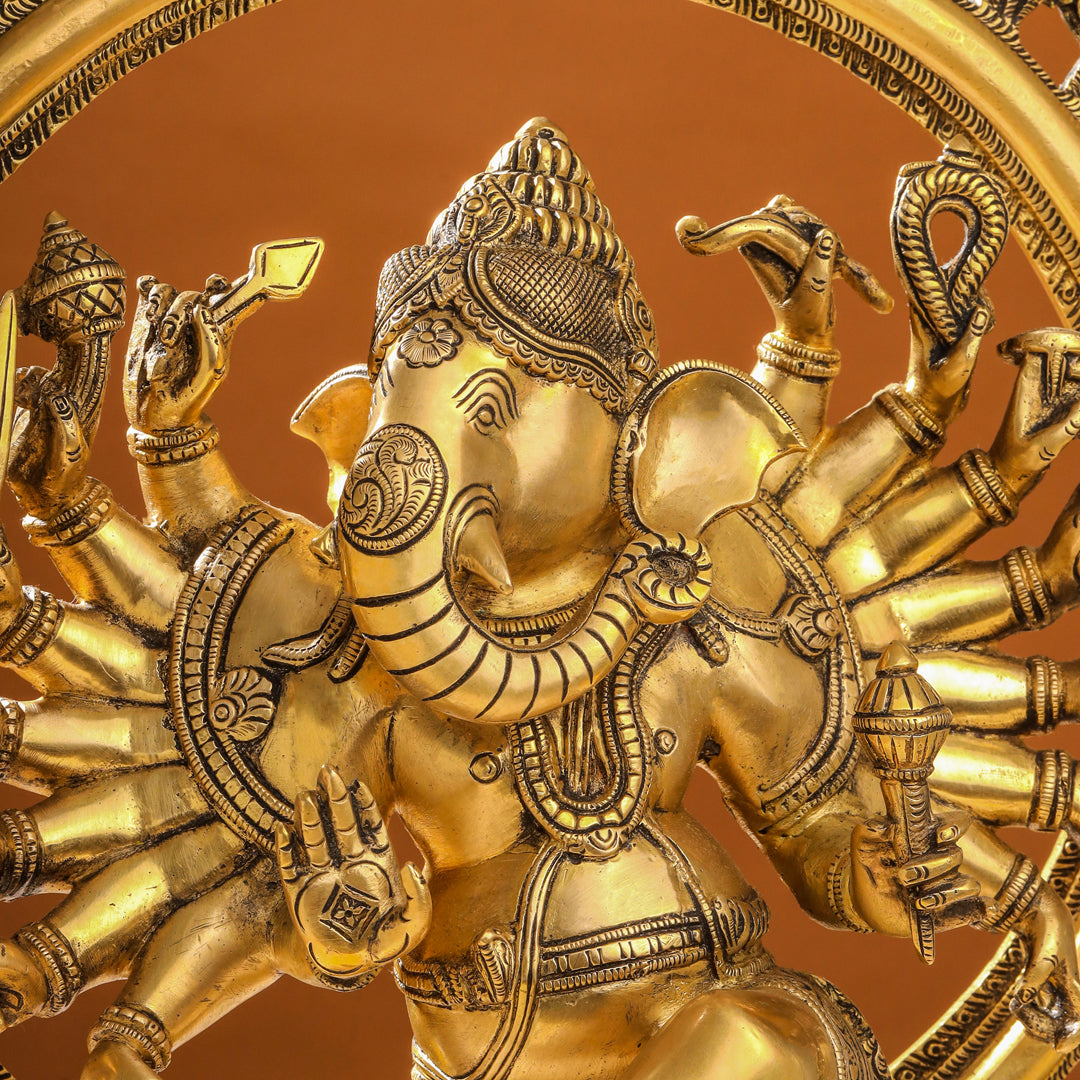 Brass Sixteen Armed Dancing Ganesha Idol (25.5 Inch) Vedansh Craft