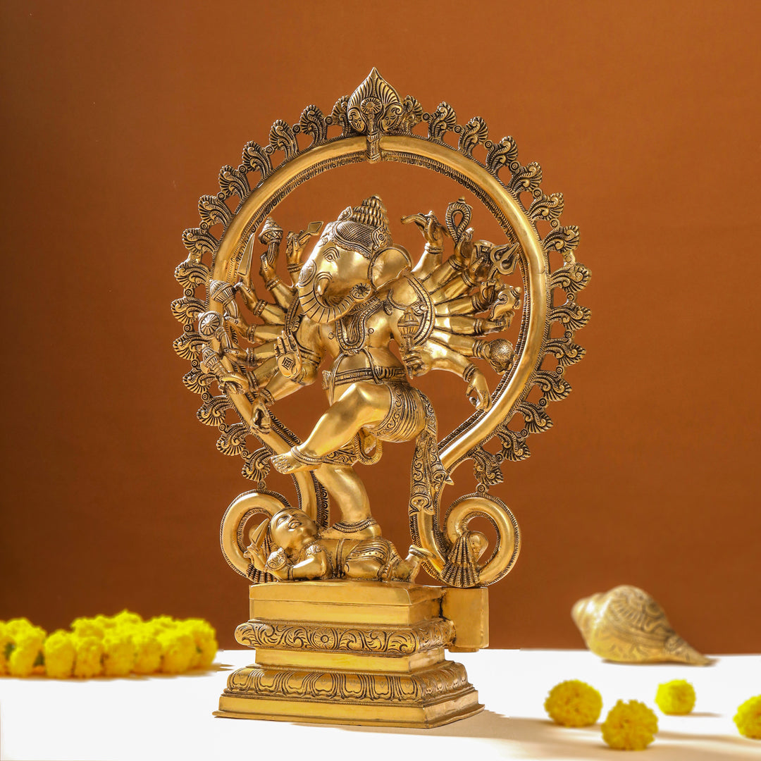 Brass Sixteen Armed Dancing Ganesha Idol (25.5 Inch) Vedansh Craft