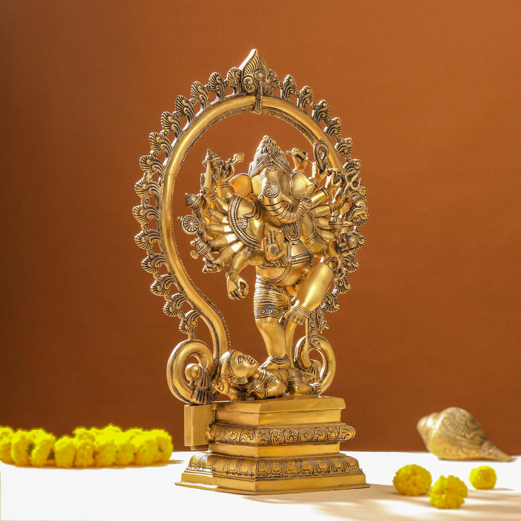 Brass Sixteen Armed Dancing Ganesha Idol (25.5 Inch) Vedansh Craft