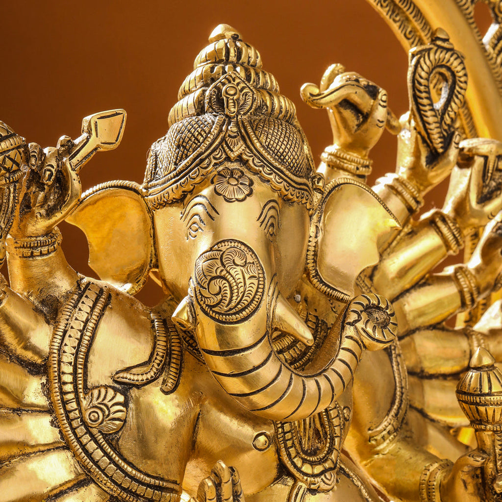 Brass Sixteen Armed Dancing Ganesha Idol (25.5 Inch) Vedansh Craft