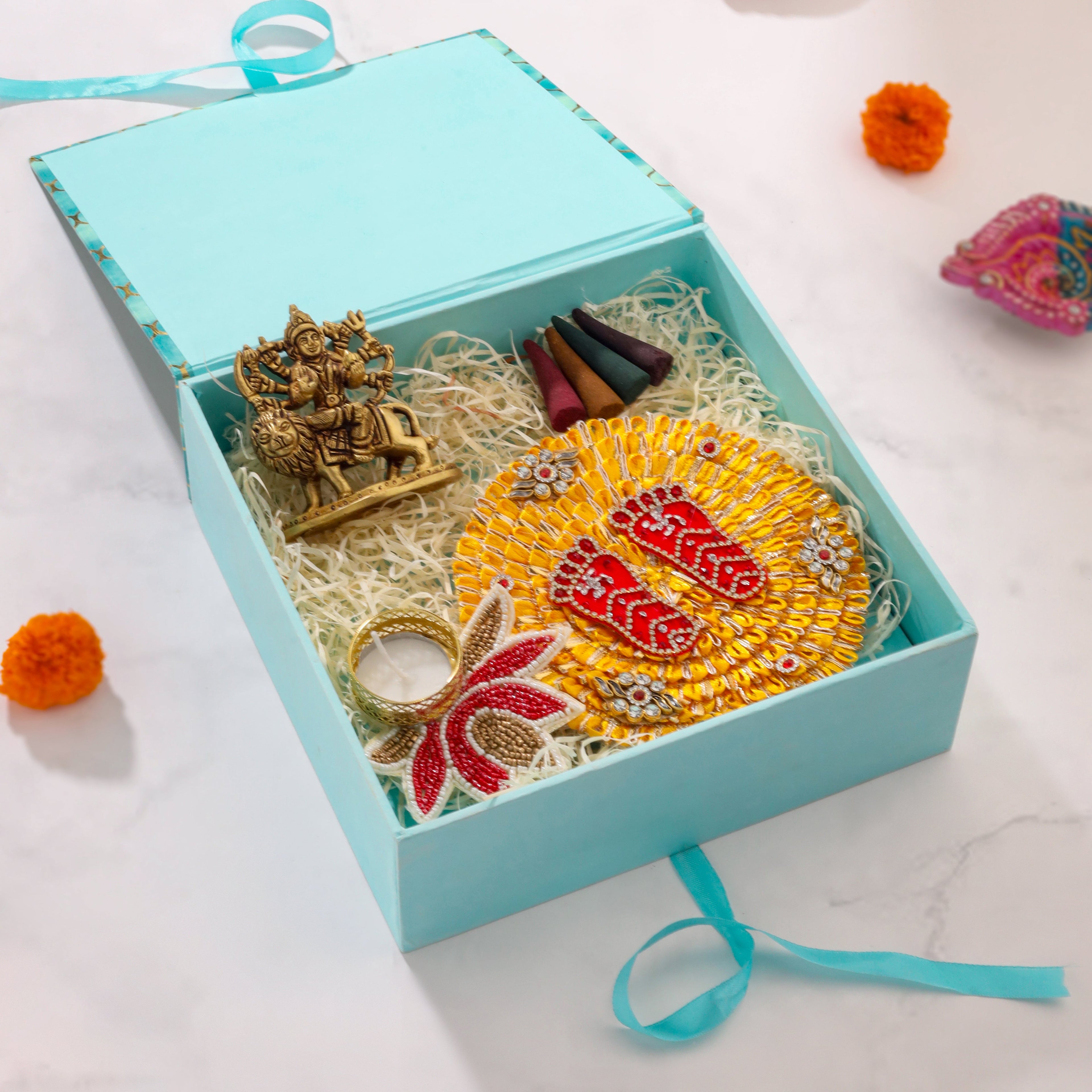Brass Durga Idol, Charan Paduka Navaratri Pooja Gift Hamper Vedansh Craft