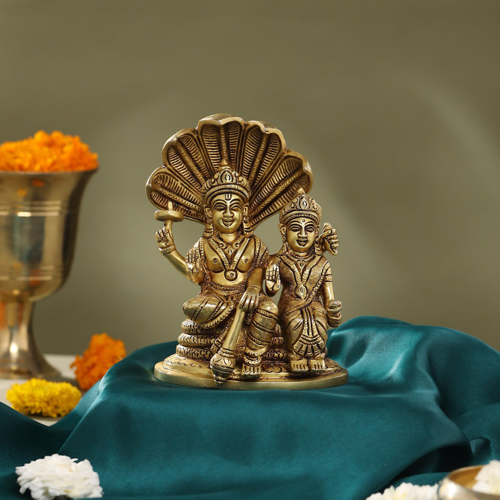 Brass Sitting Vishnu Lakshmi On Sheshnag Idol (6.5 Inch) Vedansh Craft