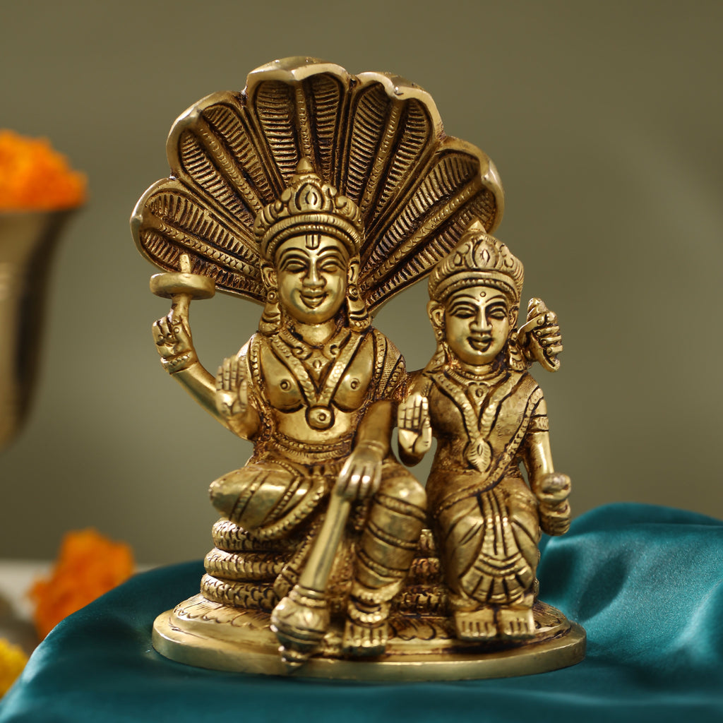 Brass Sitting Vishnu Lakshmi On Sheshnag Idol (6.5 Inch) Vedansh Craft