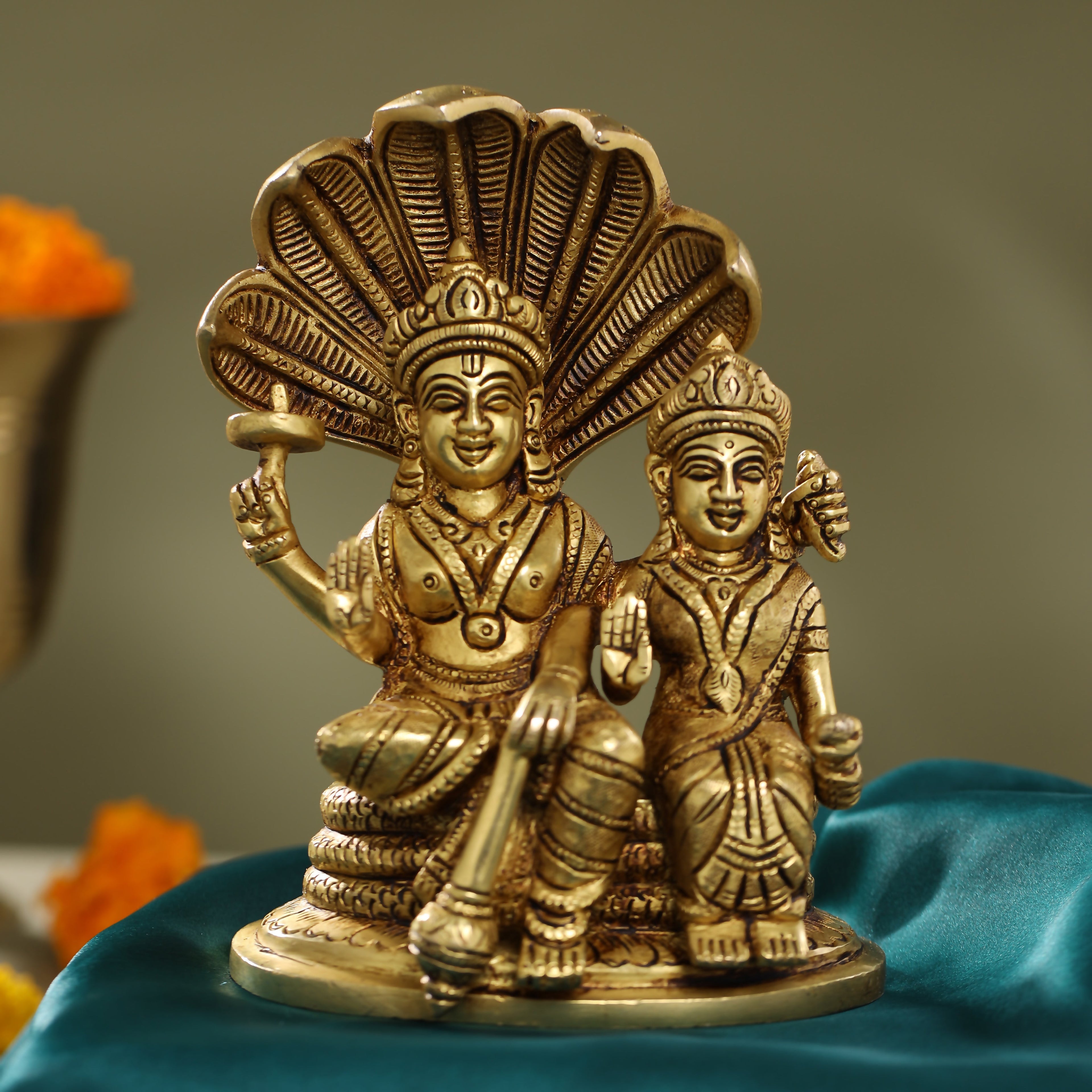 Brass Sitting Vishnu Lakshmi On Sheshnag Idol (6.5 Inch) Vedansh Craft
