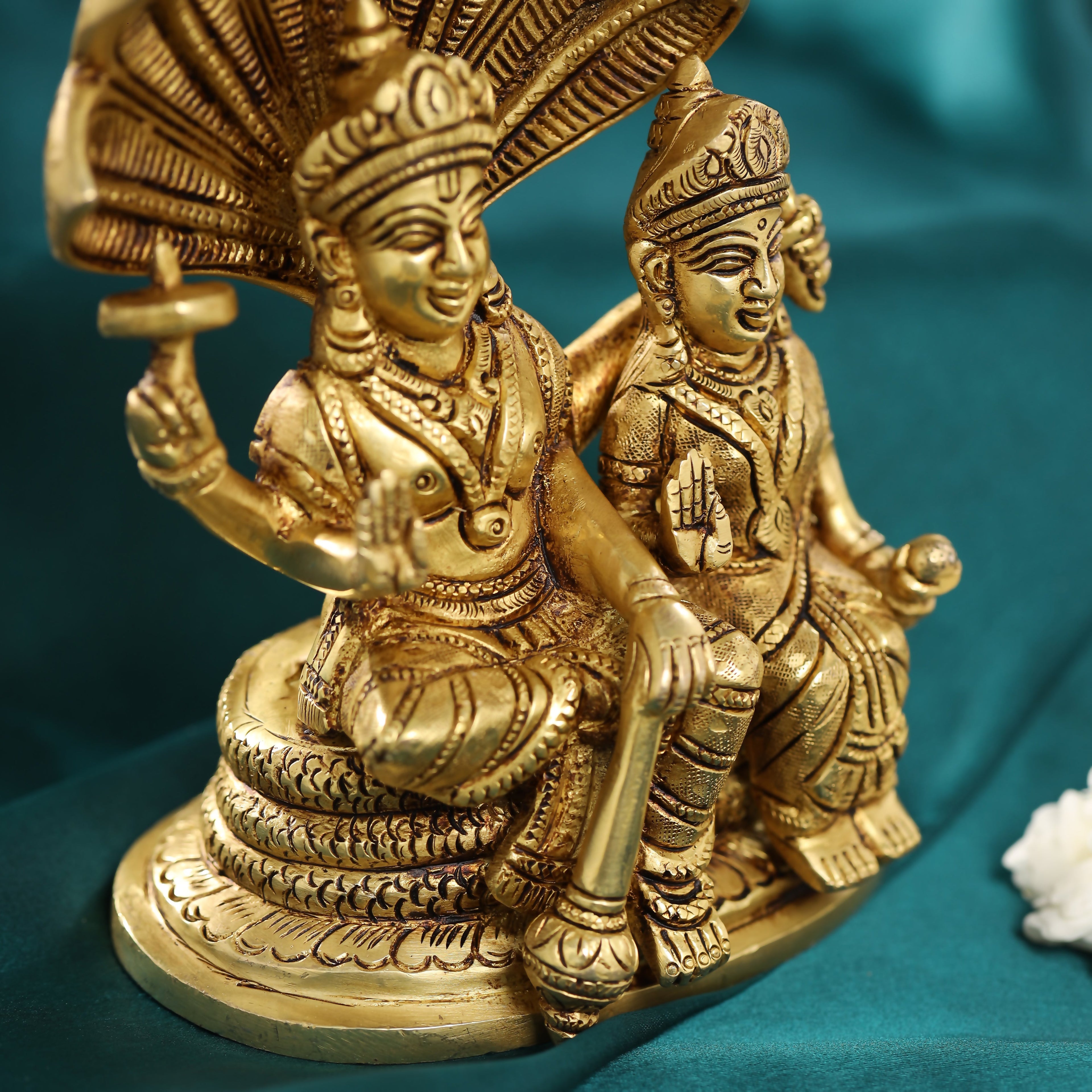 Brass Sitting Vishnu Lakshmi On Sheshnag Idol (6.5 Inch) Vedansh Craft