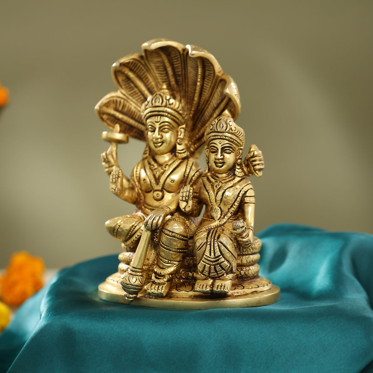 Brass Sitting Vishnu Lakshmi On Sheshnag Idol (6.5 Inch) Vedansh Craft