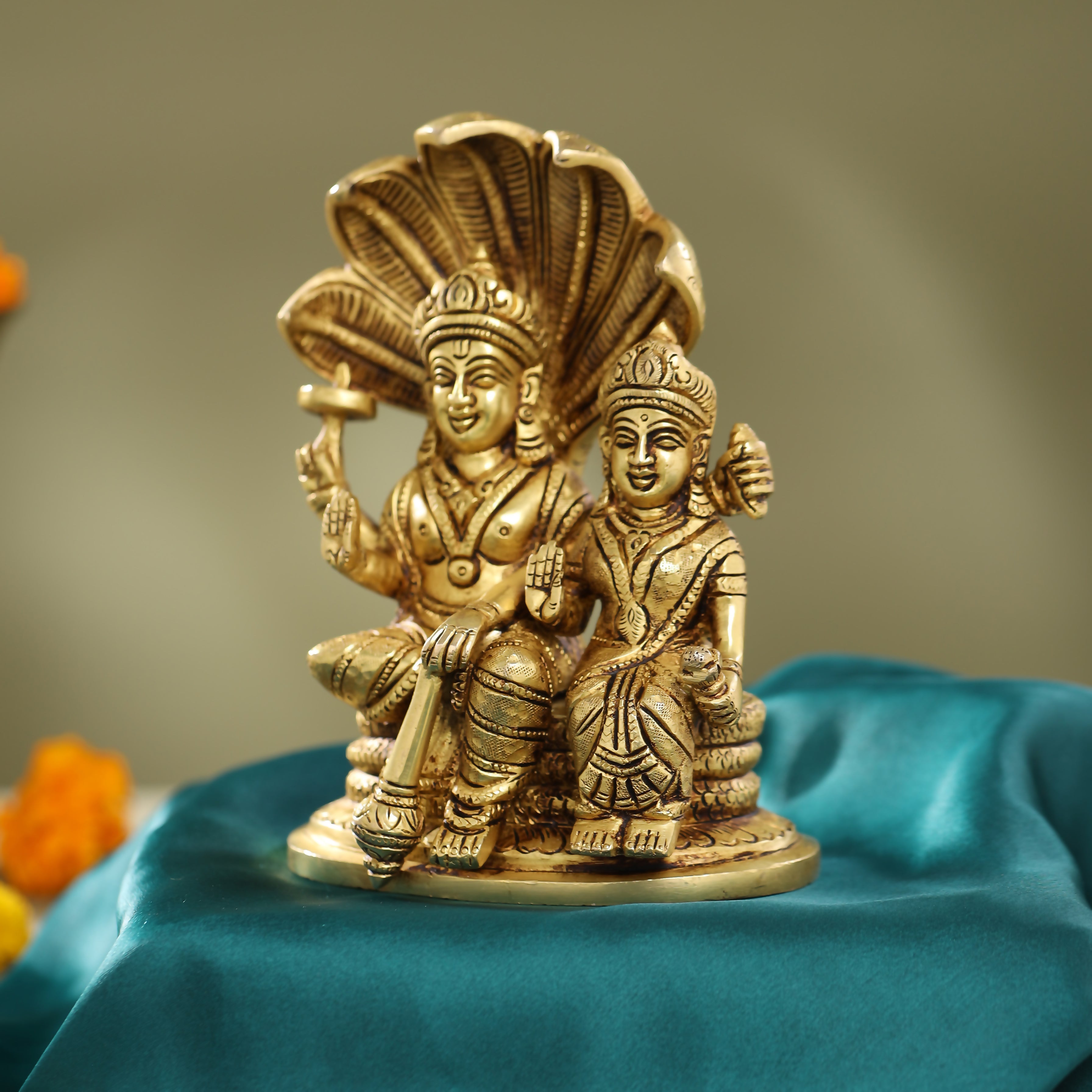 Brass Sitting Vishnu Lakshmi On Sheshnag Idol (6.5 Inch) Vedansh Craft