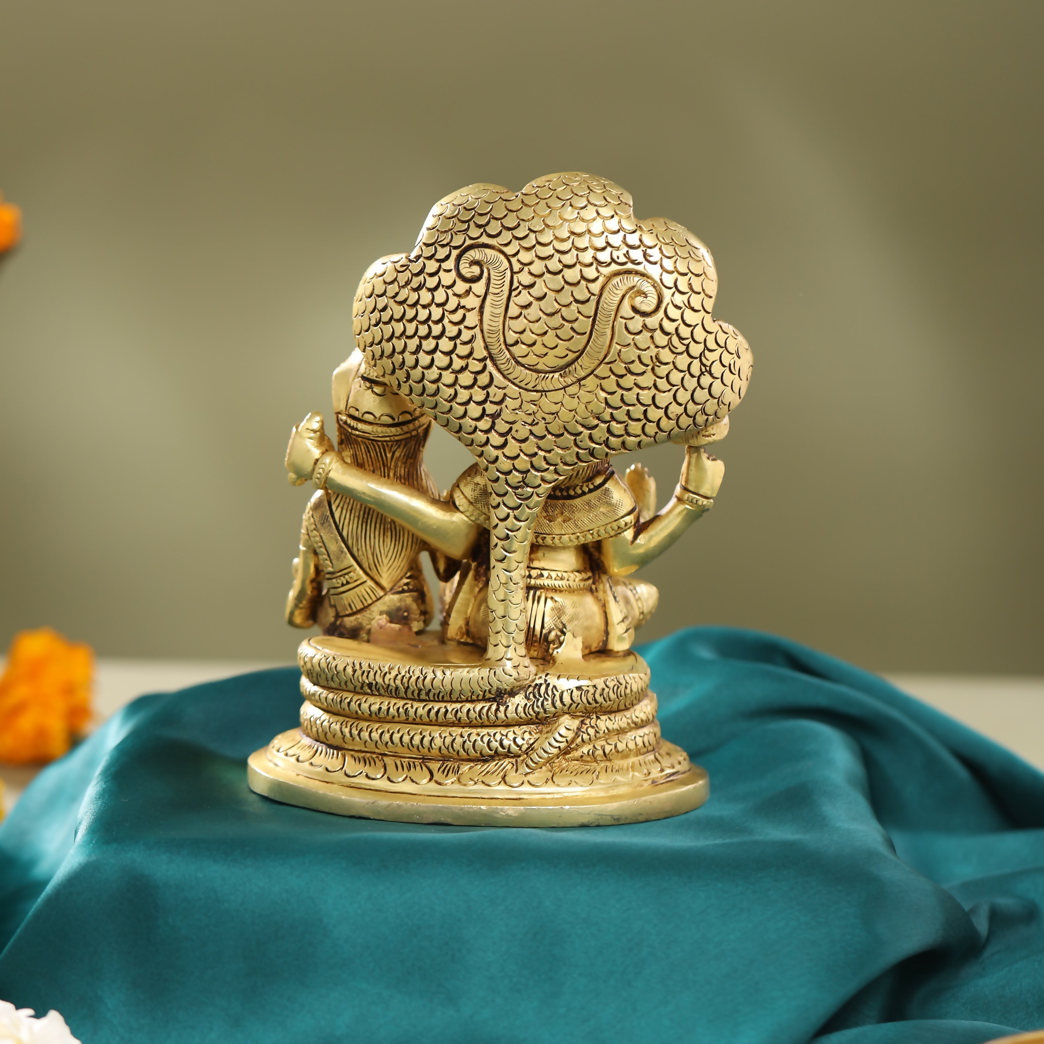 Brass Sitting Vishnu Lakshmi On Sheshnag Idol (6.5 Inch) Vedansh Craft