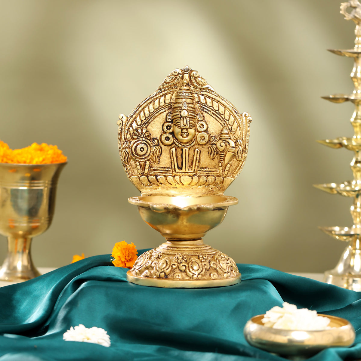 Brass Balaji Shankh Chakra And Namah Diya (9.5 Inch) Vedansh Craft