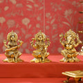 Brass Right Trunk Sitting Ganesha, Lakshmi, And Saraswati On Lotus Set (5.5 Inch) Vedansh Craft