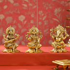 Brass Right Trunk Sitting Ganesha, Lakshmi, And Saraswati On Lotus Set (5.5 Inch) Vedansh Craft