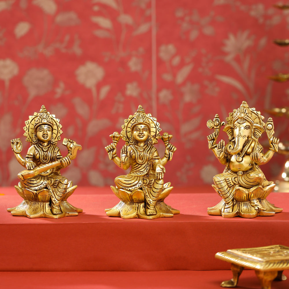 Brass Right Trunk Sitting Ganesha, Lakshmi, And Saraswati On Lotus Set (5.5 Inch) Vedansh Craft