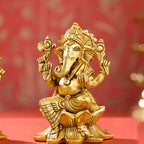 Brass Right Trunk Sitting Ganesha, Lakshmi, And Saraswati On Lotus Set (5.5 Inch) Vedansh Craft