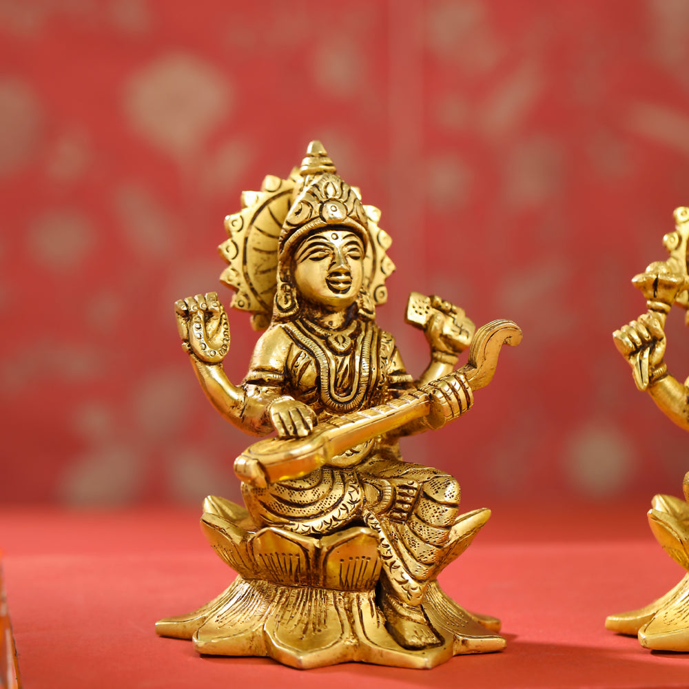 Brass Right Trunk Sitting Ganesha, Lakshmi, And Saraswati On Lotus Set (5.5 Inch) Vedansh Craft