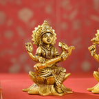 Brass Right Trunk Sitting Ganesha, Lakshmi, And Saraswati On Lotus Set (5.5 Inch) Vedansh Craft