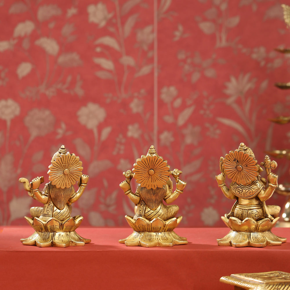 Brass Right Trunk Sitting Ganesha, Lakshmi, And Saraswati On Lotus Set (5.5 Inch) Vedansh Craft