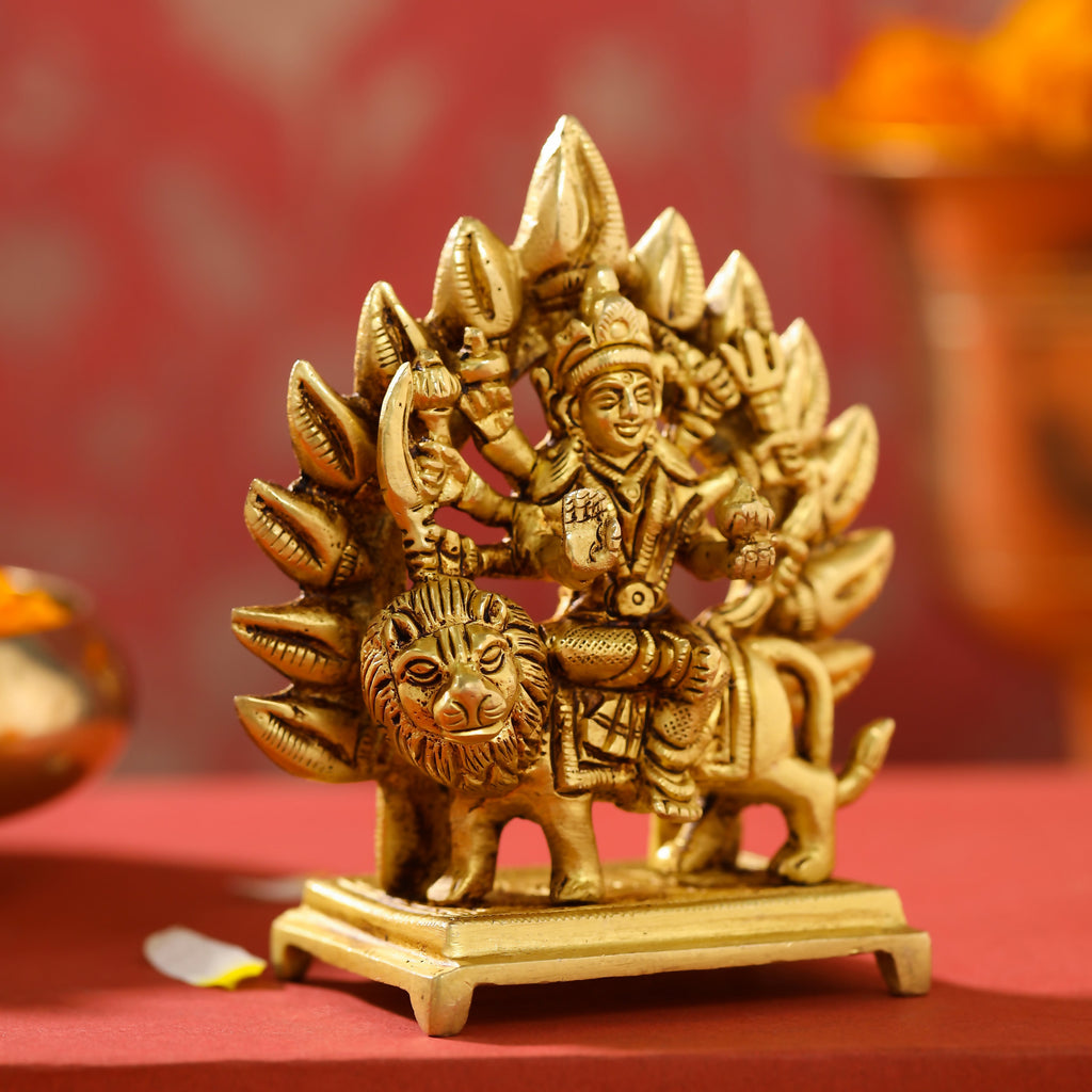 Brass Durga Devi Sitting on Lion Idol (4.5 Inch) Vedansh Craft