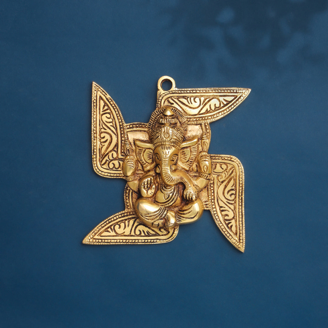 Brass Ganesha On Swastik Wall Hanging (7 Inch) Vedansh Craft