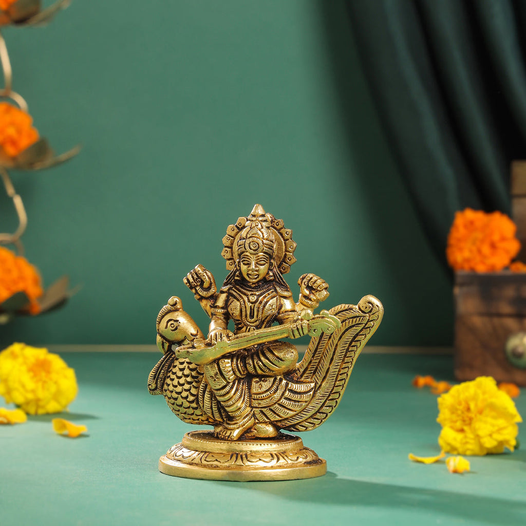 Brass Goddess Sitting Saraswati Idol (4.5 Inch) Vedansh Craft