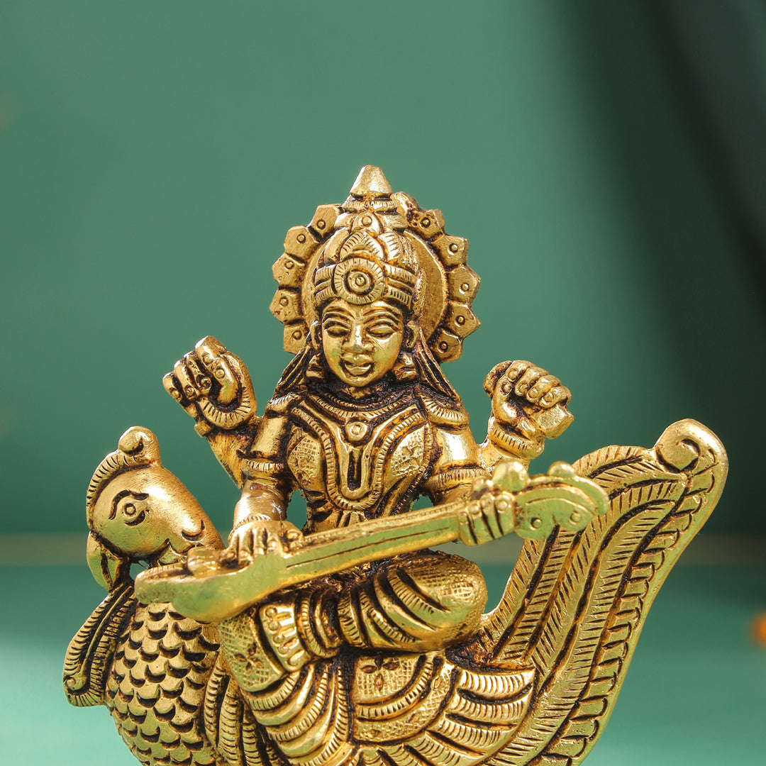 Brass Goddess Sitting Saraswati Idol (4.5 Inch) Vedansh Craft
