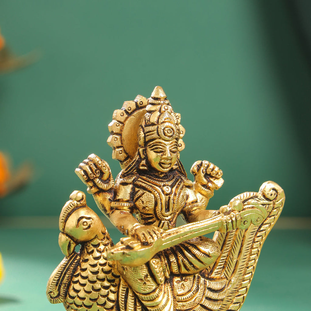 Brass Goddess Sitting Saraswati Idol (4.5 Inch) Vedansh Craft