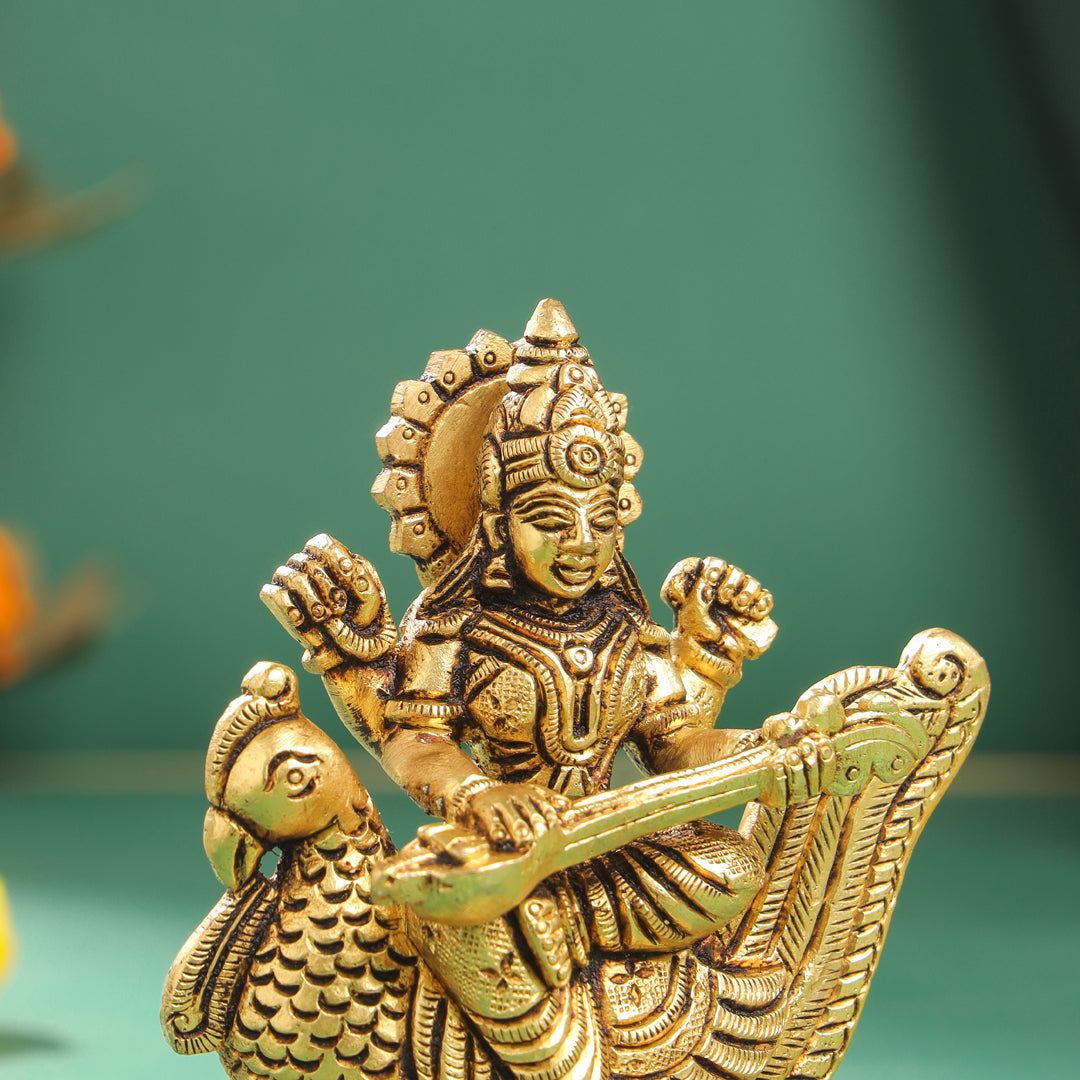Brass Goddess Sitting Saraswati Idol (4.5 Inch) Vedansh Craft