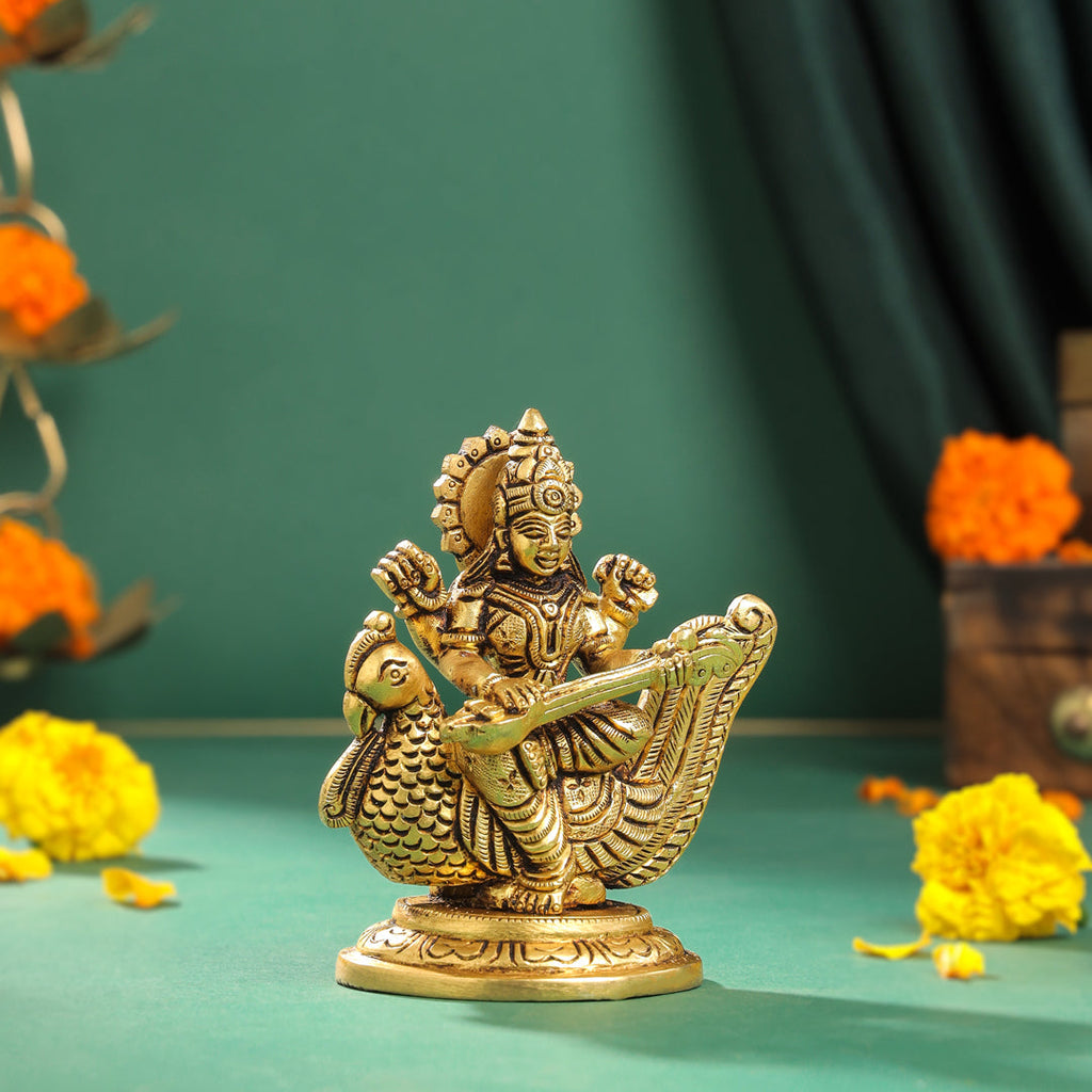 Brass Goddess Sitting Saraswati Idol (4.5 Inch) Vedansh Craft