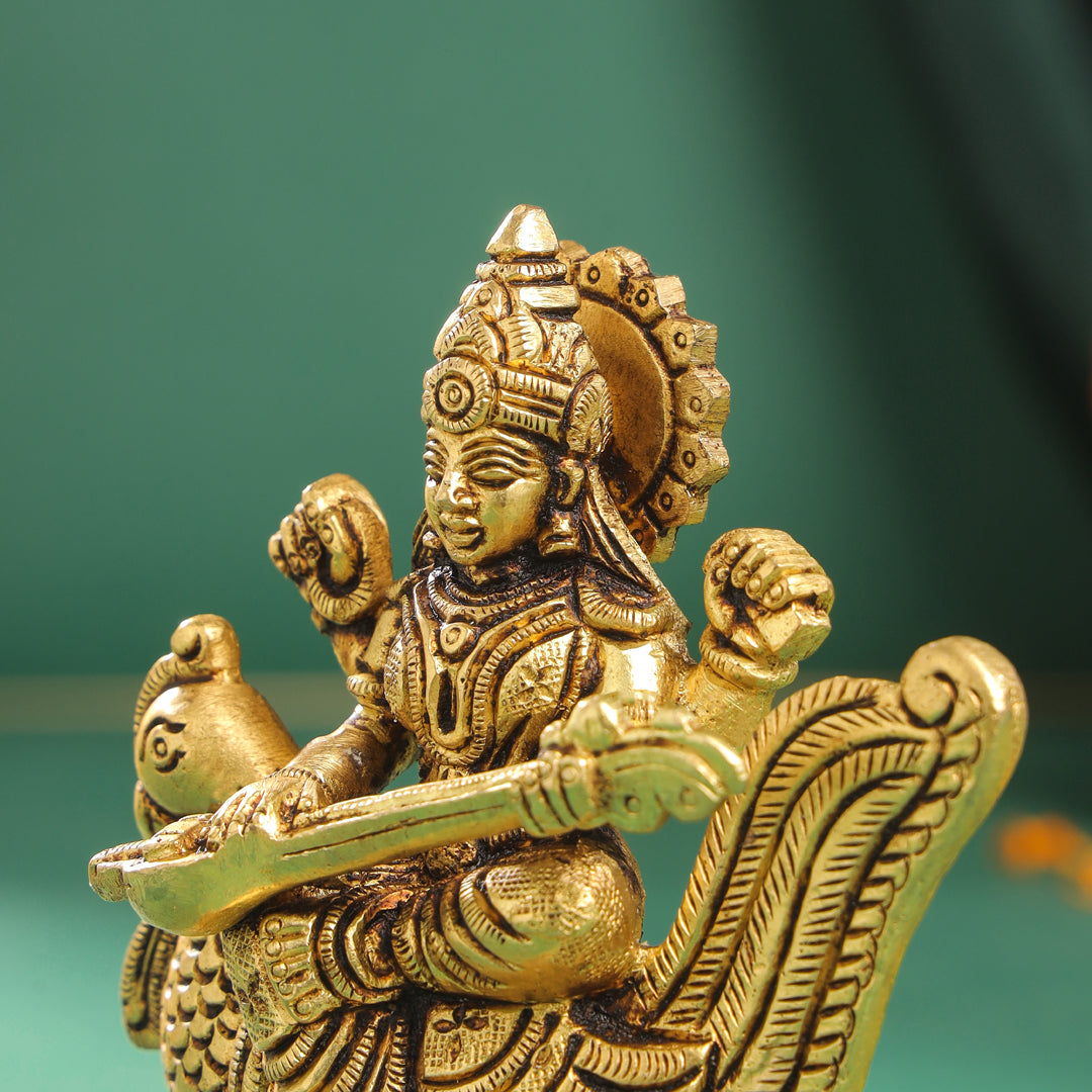 Brass Goddess Sitting Saraswati Idol (4.5 Inch) Vedansh Craft