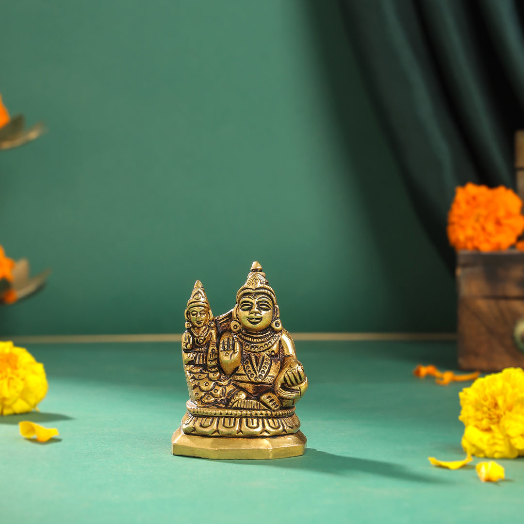 Brass Sitting Kuber And Lakshmi Idol (3 Inch) Vedansh Craft
