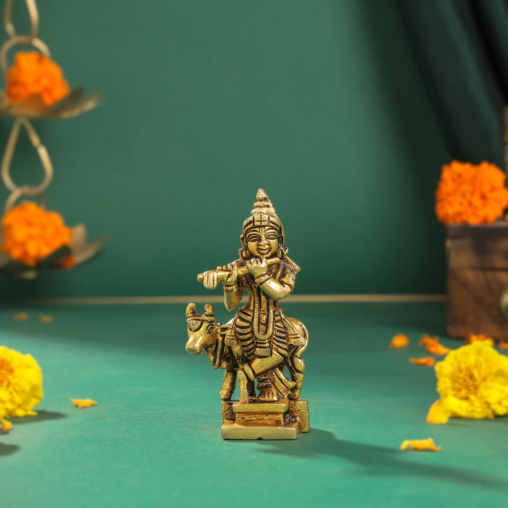 Brass Standing Krishna With Cow Idol (4 Inch) Vedansh Craft