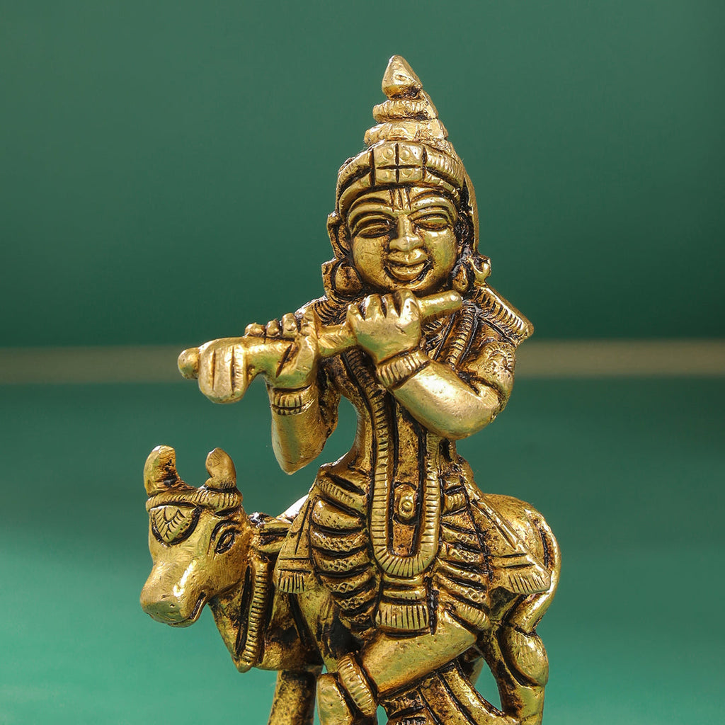 Brass Standing Krishna With Cow Idol (4 Inch) Vedansh Craft
