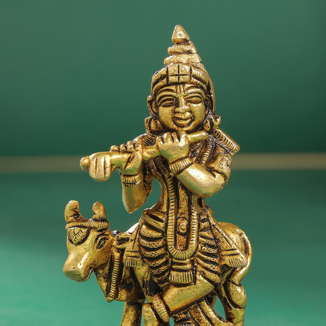 Brass Standing Krishna With Cow Idol (4 Inch) Vedansh Craft