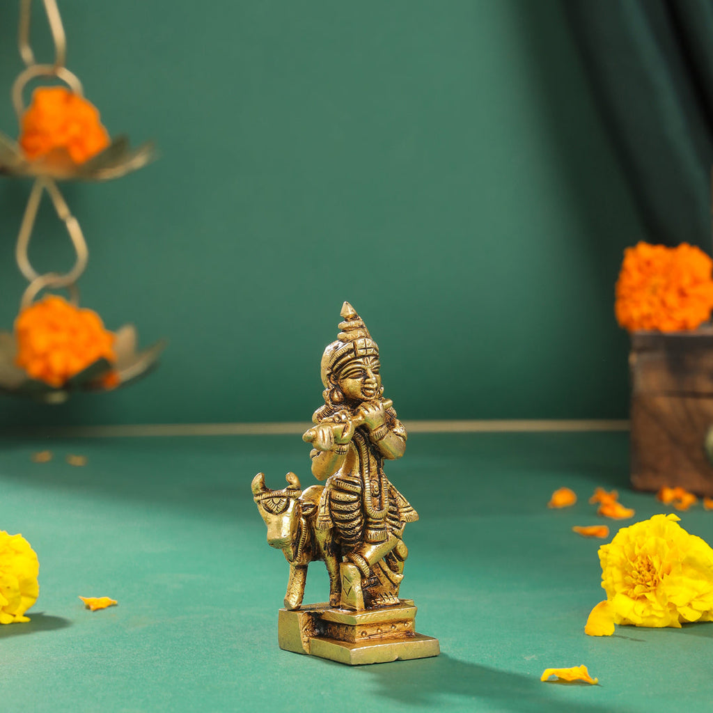 Brass Standing Krishna With Cow Idol (4 Inch) Vedansh Craft