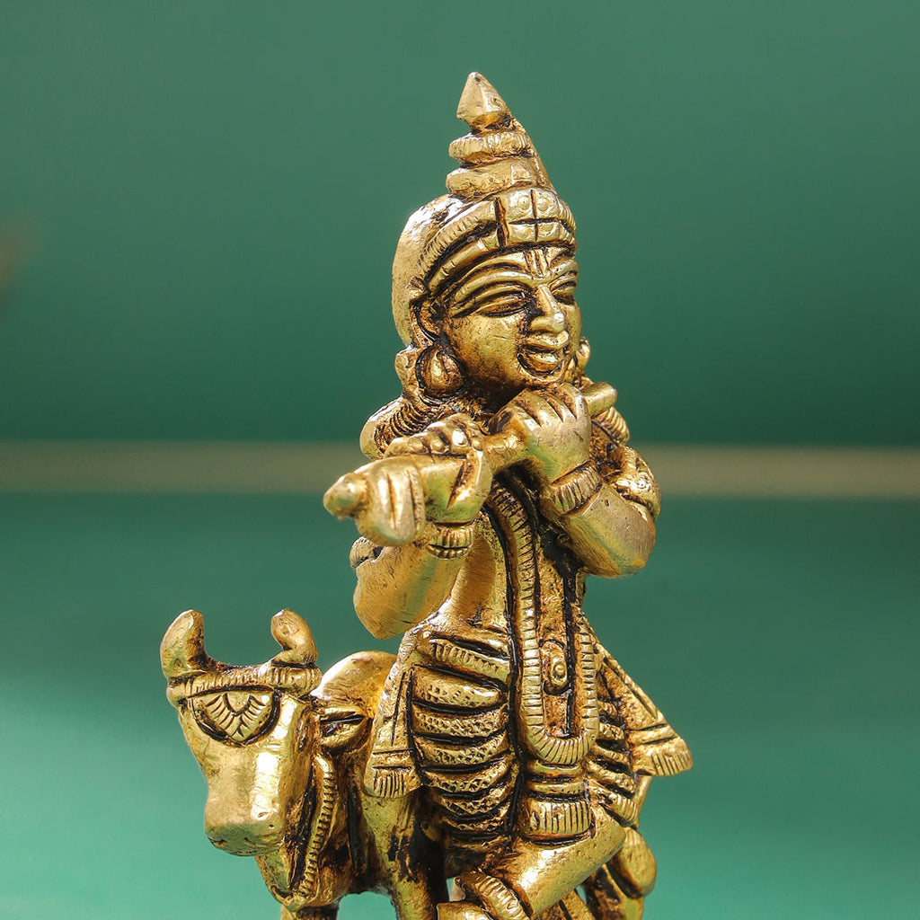 Brass Standing Krishna With Cow Idol (4 Inch) Vedansh Craft