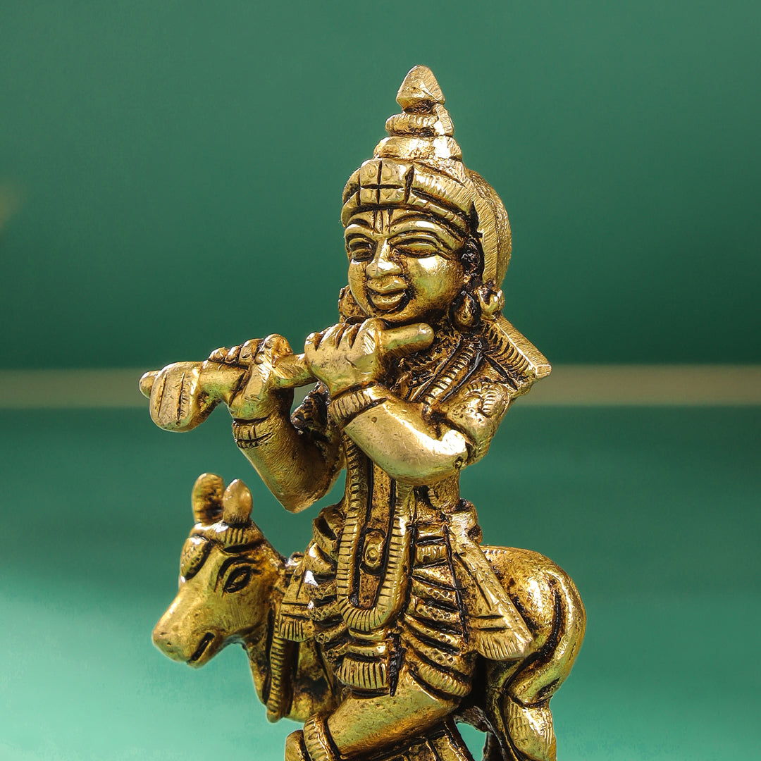 Brass Standing Krishna With Cow Idol (4 Inch) Vedansh Craft