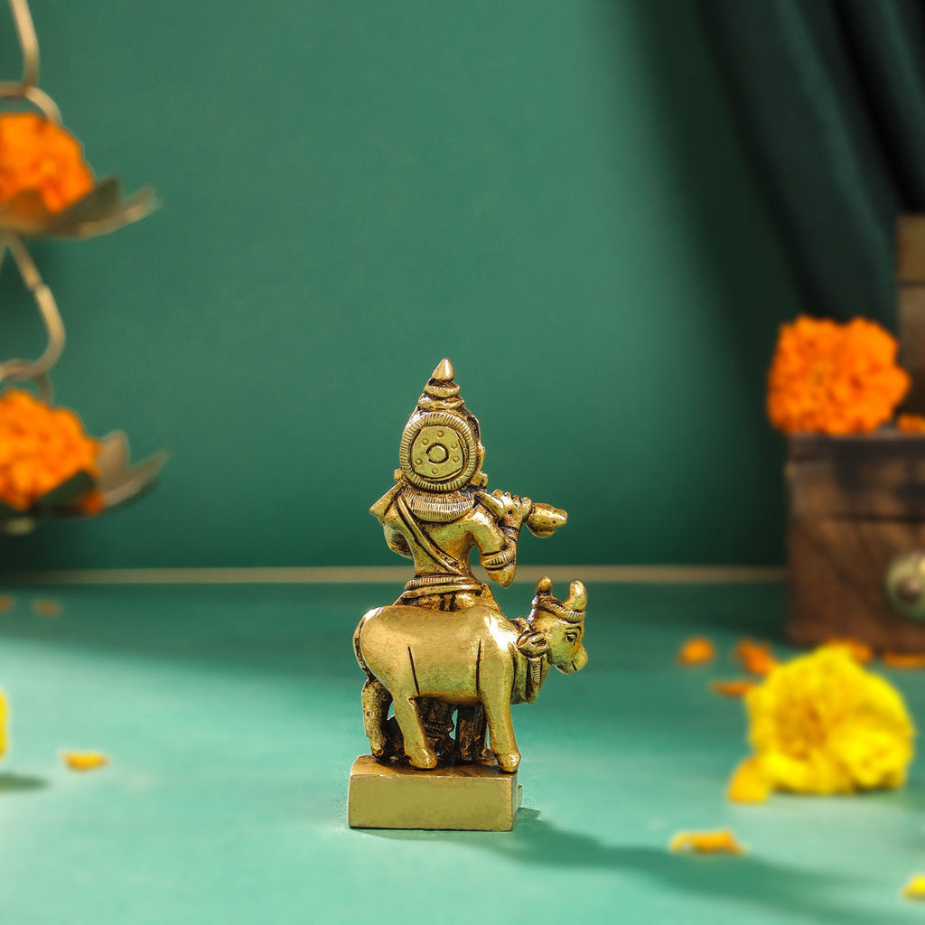 Brass Standing Krishna With Cow Idol (4 Inch) Vedansh Craft