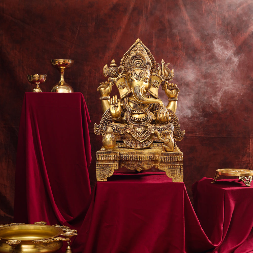 Brass Chowki Sitting Ganesha Statue (26 Inch) Vedansh Craft
